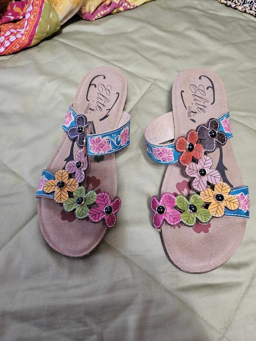 Corkys Multicolor Floral Slide Sandals with Tan Footbed NWOT